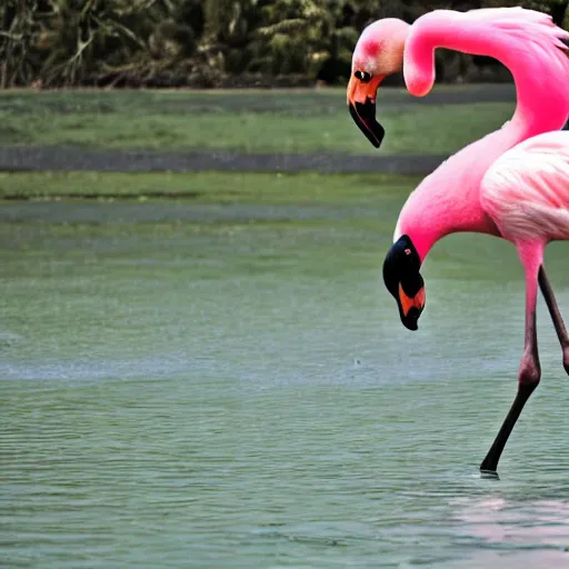 Prompt: Man riding flamingo, photo