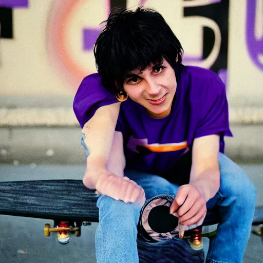 Prompt: softblur portrait of a highschool senior with middle long black hair, shaven face, silver earring, violet tight tanktop, he is smirking into the camera for a cover of a gay print magazine, kodak portra, street photography, lomography, kreuzberg, blurred, skateboard