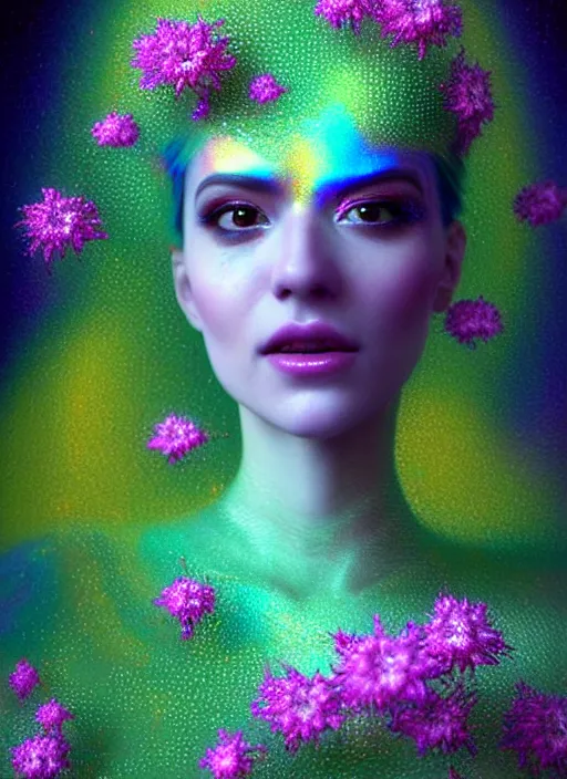 Prompt: hyper detailed 3d render like a chiariscuro Oil painting with focal blur - Aurora (Singer) looking adorable and seen in attractive dynamic pose joyfully Eating of the Strangling network of thin yellowcake aerochrome and milky Fruit and Her delicate Hands hold of gossamer polyp blossoms bring iridescent fungal flowers whose spores black the foolish stars to her smirking mouth by Jacek Yerka, Mariusz Lewandowski, Houdini algorithmic generative render, Abstract brush strokes, Masterpiece, Edward Hopper and James Gilleard, Zdzislaw Beksinski, Mark Ryden, Wolfgang Lettl, hints of Yayoi Kasuma, octane render, 8k