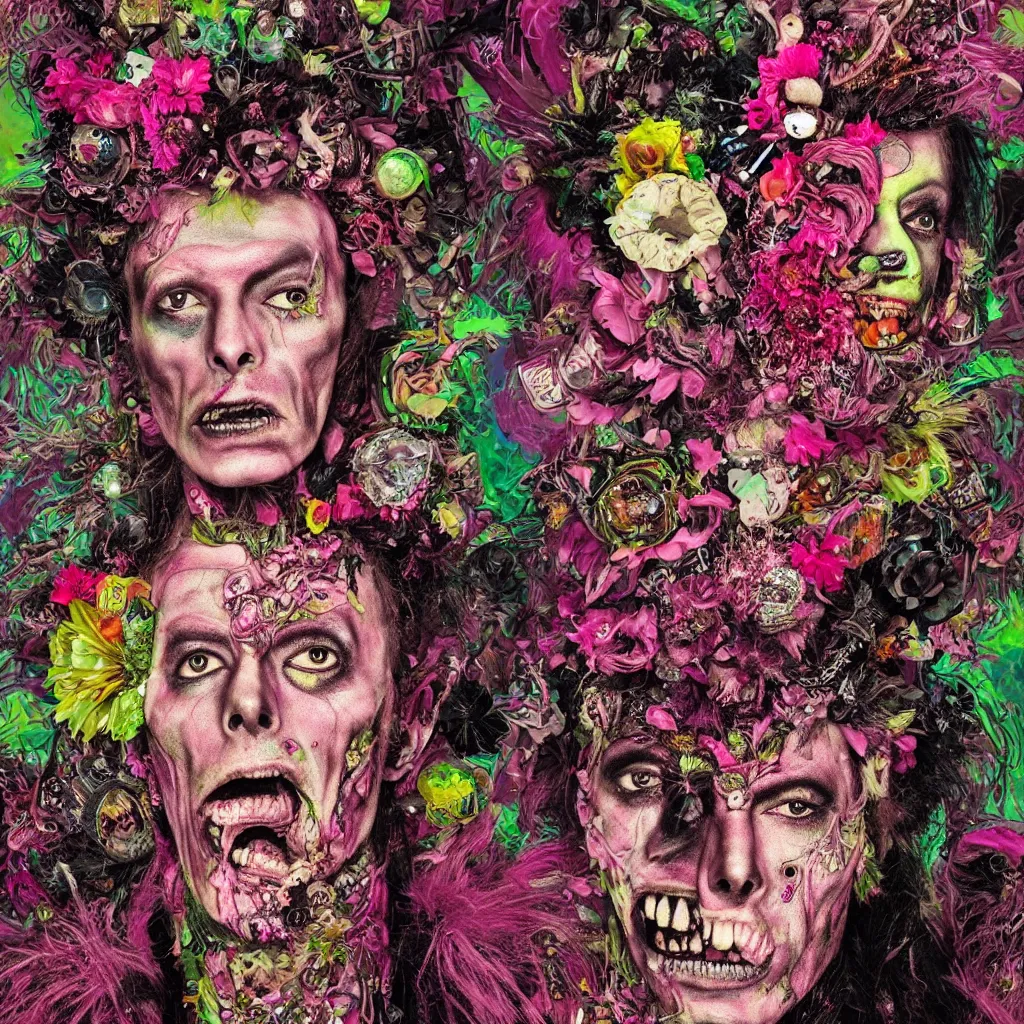 Prompt: a portrait of a zombie punk dude, magenta mohawk, head made out of fruit and flowers, crystals and glitter, David Bowie, Baroque, art by Arcimboldo, art by Fragonard, psychedelic, neon pink background