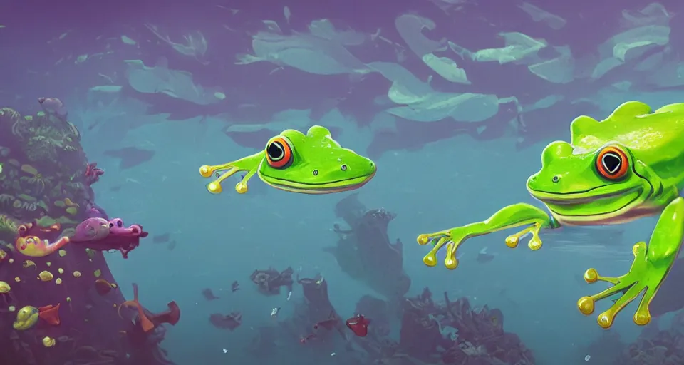 Image similar to hyper realistic cute frogs everywhere are swimming under vast sea, by simon stalenhag,, high fantasy, cgsociety, cheerful colours, full length, exquisite detail, post - processing, masterpiece, cinematic, 4 k, 8 k