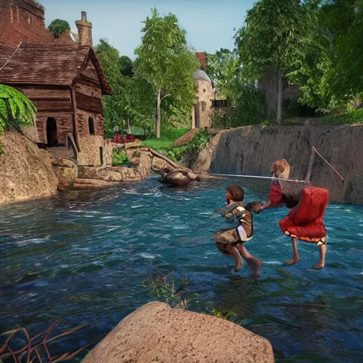 Image similar to “medieval kids playing in the river, unreal engine, focus, utra detailed”