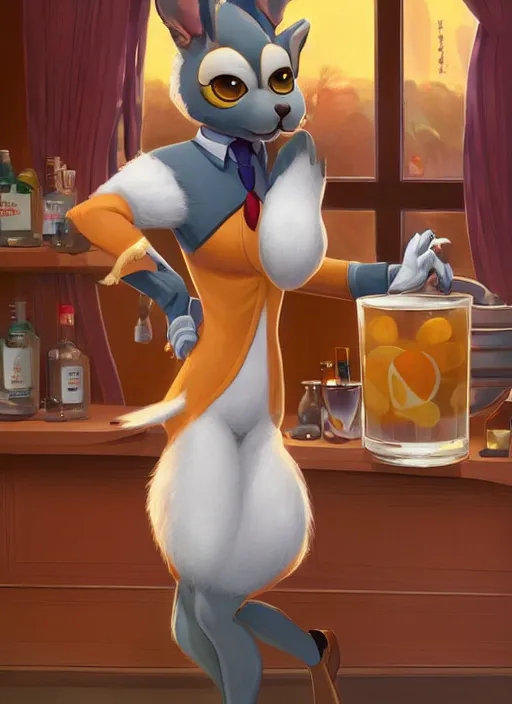 Image similar to squirrel anthro as a dapper bartender with a big, fluffy tail, retro futurism, art deco, detailed, painterly digital art by WLOP and Cory Loftis and Don Bluth, 🐿🍸🍋, furaffinity, trending on artstation