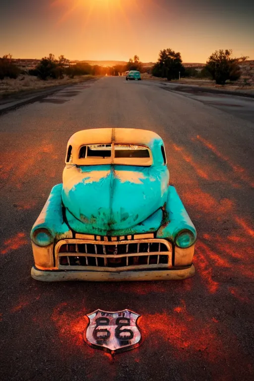 Image similar to a sunset light landscape with historical route 6 6, lots of sparkling details and sun ray ’ s, blinding backlight, smoke, volumetric lighting, colorful, octane, 3 5 mm, abandoned gas station, old rusty pickup - truck, beautiful epic colored reflections, very colorful heavenly, softlight