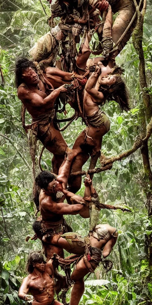 Image similar to editorial photo of brutal battle in burning jungle, african and Amazonian climbing onto another and fight, epic, vintage, blood, slight inspiration of Boris vallejo and apocalypto, war photography