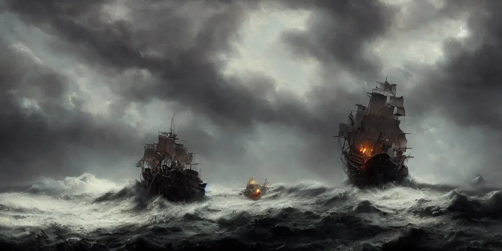 Image similar to A hyper realistic oil painting of a single pirate ship in a storm, dark clouds above, fog, lightning lights the sky, by Greg Rutkowski, hyper detailed, trending on artstation