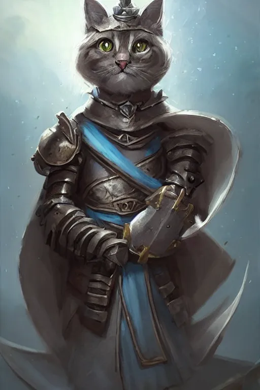 Image similar to cute little anthropomorphic cat knight wearing a cape and a crown, tiny, small, miniature cat , baby animal, short, pale blue armor, cute and adorable, pretty, beautiful, DnD character art portrait, matte fantasy painting, DeviantArt Artstation, by Jason Felix by Steve Argyle by Tyler Jacobson by Peter Mohrbacher, cinematic lighting