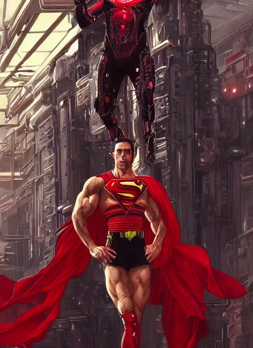 Image similar to portrait of crossfit fitness superman!, futuristic detailed ornate cyberpunk costume!, red and black costume!!!, pale skin!, no logo!!!, painted art by tsuyoshi nagano, greg rutkowski, artgerm, alphonse mucha, spike painting