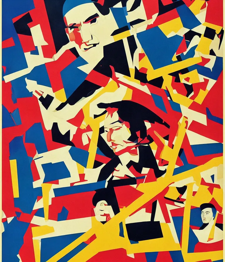 Image similar to Beautiful colorful Russian Constructivist Kung Fu Movie Poster made for the film William Gibson's Violent Nights (1997) Starring Jackie Chan and Melissa McCarthy, minimalist oil paint and ink and photo collage by El Lissitsky and Diane Arbus, Vivid color trending on artstation Cinematic lighting bauhaus collage!! 8k