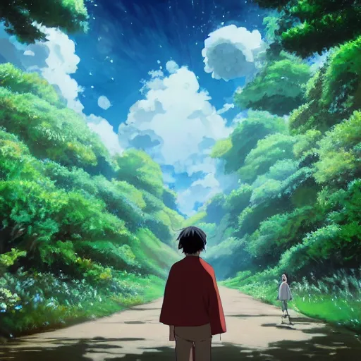 Prompt: guy and a friendly creature in the spitited away style, 4k art, high detail, smooth, anime beautiful peace scene, detailed face, studio ghibli, sharp focus high qualitt, fantasy, forest, detailed, wonderful, sky,