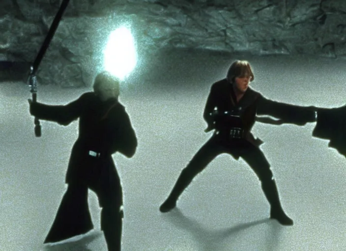 Image similar to screenshot from the lost star wars film, Luke Skywalker facing off against a female sith lord, iconic scene from the lost Star Wars film, Remnants Of the Empire, 1990 directed by Stanely Kubrick, lens flare, moody cinematography, with anamorphic lenses, crisp, detailed, 4k