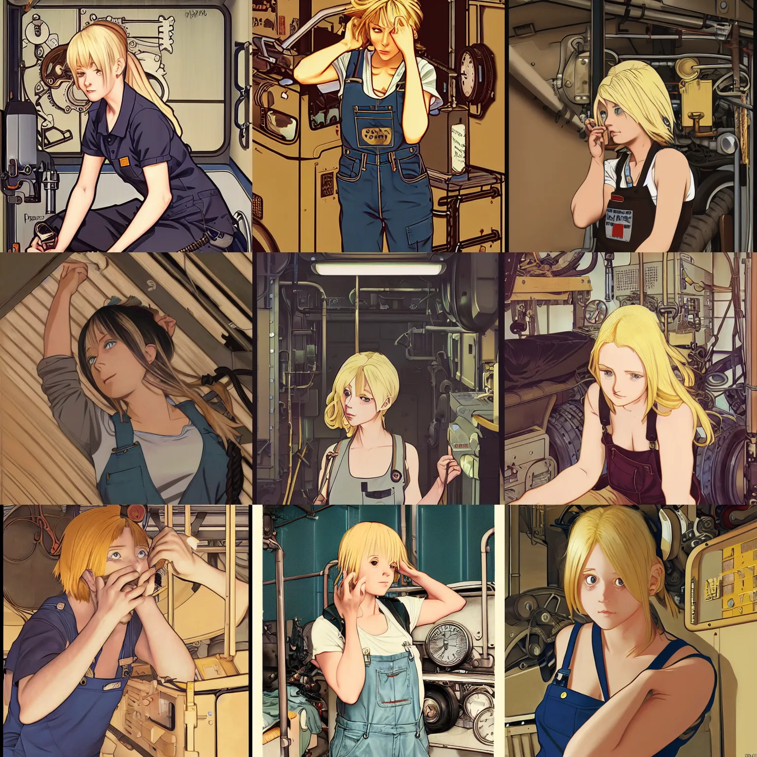 Prompt: portrait of a mechanic adjusting her hair in a cramped and dimly lit bunk, blonde, tank top, overalls, steampunk, ilya kuvshinov face, highly detailed, cel shading, digital painting, anime key visual, artwork by hayao miyazaki and alphonse mucha