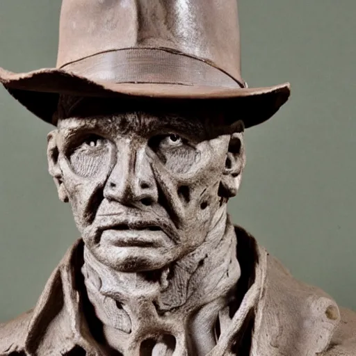 Image similar to sculpture of indiana jones made of bones