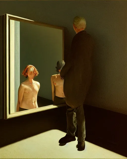 Image similar to man and woman, in the void, by the mirror, station, james gillard, zdislav bexinski, high detail alex colville, otto mueller, stephen conroy, andrea kowch, andrew newell wyeth, daniel meidman jussi picho octane rendering