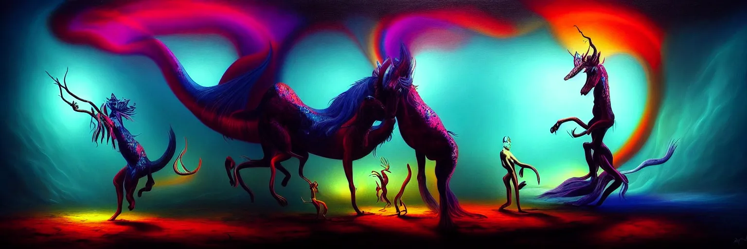 Image similar to mythical creatures from the depths of the collective unconscious, dramatic lighting with shallow dof, surreal darkly colorful painting by ronny khalil