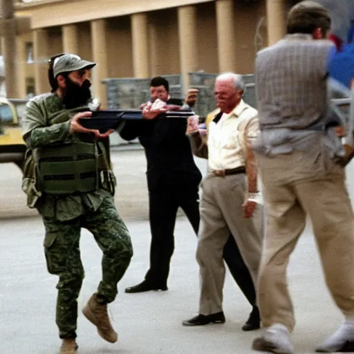 Prompt: saddam hussain shooting george bush