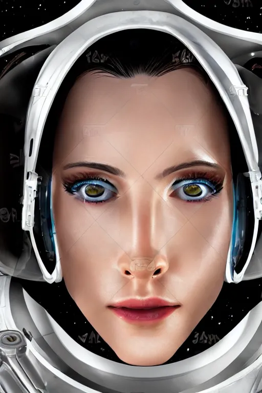 Prompt: hyper - realistic close - up portrait of a modern woman, pale skin, in a spacesuit, in the retrofuturism style