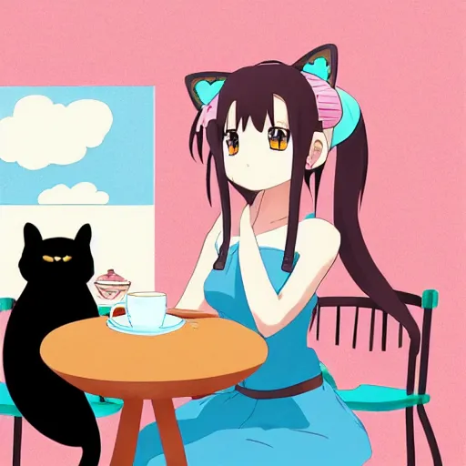 Prompt: anime cute girl with cat ears and cat tail sitting in a cafe looking at camera, moescape, studio ghibli, digital art, clean lines, cartoon