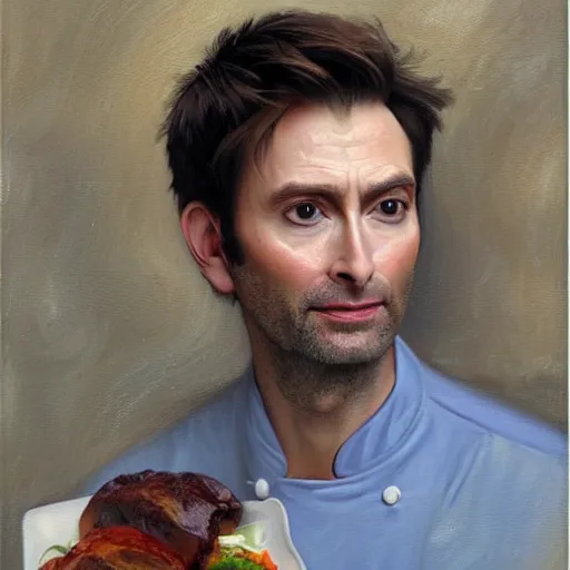 Prompt: David Tennant as a chef, detailed oil painting by Bouguereau