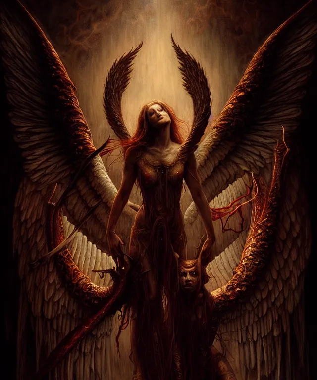 Image similar to epic professional digital art of angels and demons, horrific yet beautiful vibe, evocative, atmospheric lighting, painted, intricate, highly detailed, by leesha hannigan, wayne haag, reyna rochin, ignacio fernandez rios, mark ryden, iris van herpen, artstation, cgsociety, stunning, gorgeous, sharp focus, cinematic, masterpiece