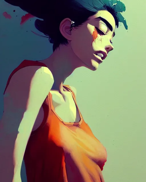 Prompt: a ultradetailed painting of a stylish woman waking up, she is wearing a tank top by conrad roset, greg rutkowski and makoto shinkai trending on artstation