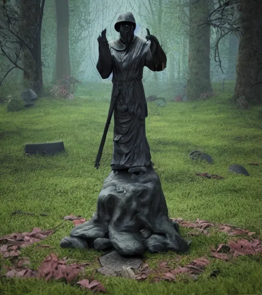 Image similar to weeping grim reaper statue in graveyard surrounded by beautiful forest, grainy film photo, cgsociety, octane render, trending on artstation, artstationHD, artstationHQ, unreal engine, 4k, 8k