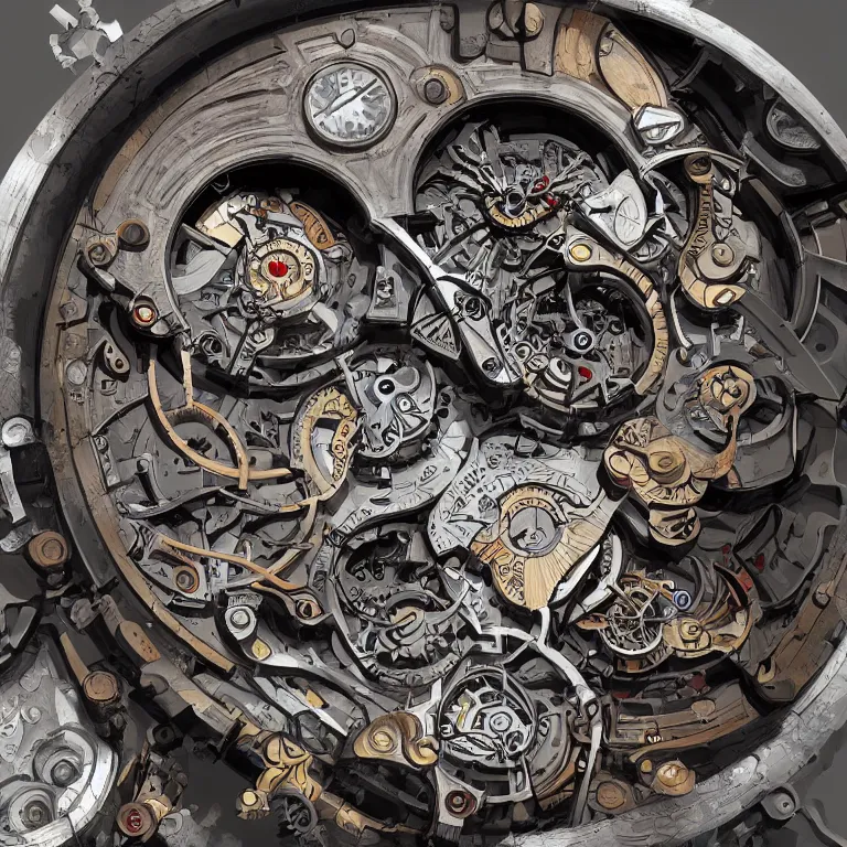 Image similar to fine art painting of the inner workings of a complex timepiece, artstation, cgsociety, very detailed, intricate, detailed illustration