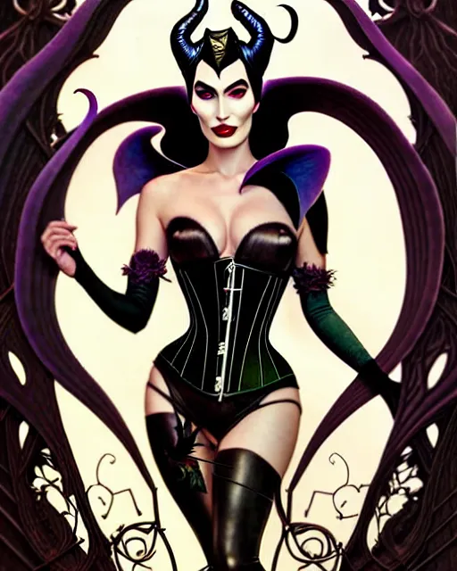 Prompt: new art nouveau portrait of fantasy succubus maleficent megan fox wearing a leather corset in a magical forest, anna dittmann, moebius, wlop, artgerm, patrick nagle, charlie bowater and loish. long windblown hair, ultrasharp focus, dramatic lighting, barbwire vine arches, photorealistic digital matte painting, intricate.