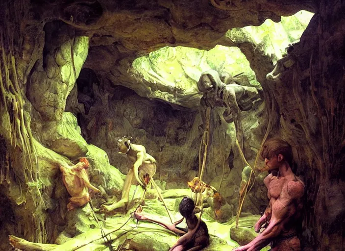 Image similar to underground cavern. snivelling canid humanoids ( 3'tall ). scaly skin ( rust coloured ). harvesting purple moss ( they brew it ).. edgar maxence and caravaggio and michael whelan and delacroix style, artistic, intricate painting, cinematic lighting, hyper realistic, extremely detailed, vivid colors, establishing shot, dramatic lighting.