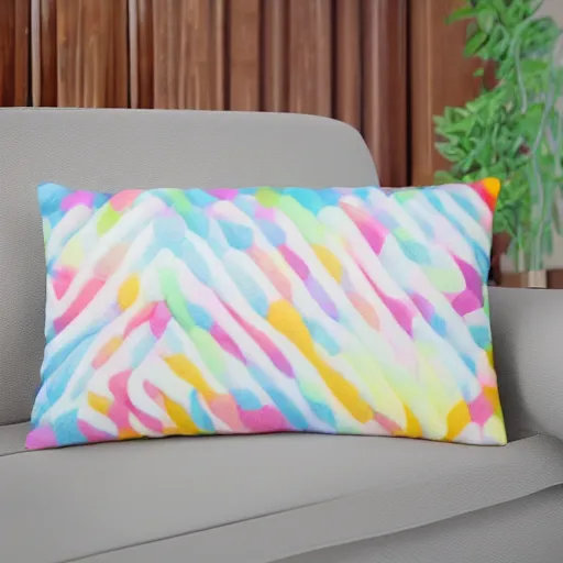 Image similar to Photograph of comfortable memory foam pillows designed by children, fun design, bright print, 8K HD, product shot