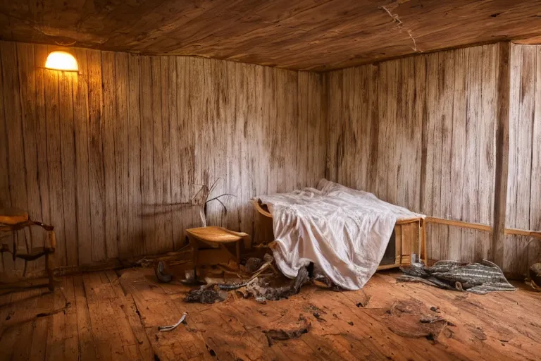 Image similar to a film production still, 2 8 mm, wide shot of a cabin interior, wooden furniture, cobwebs, spiderwebs, dynamic volumetric lighting, abandoned, depth of field, cinematic