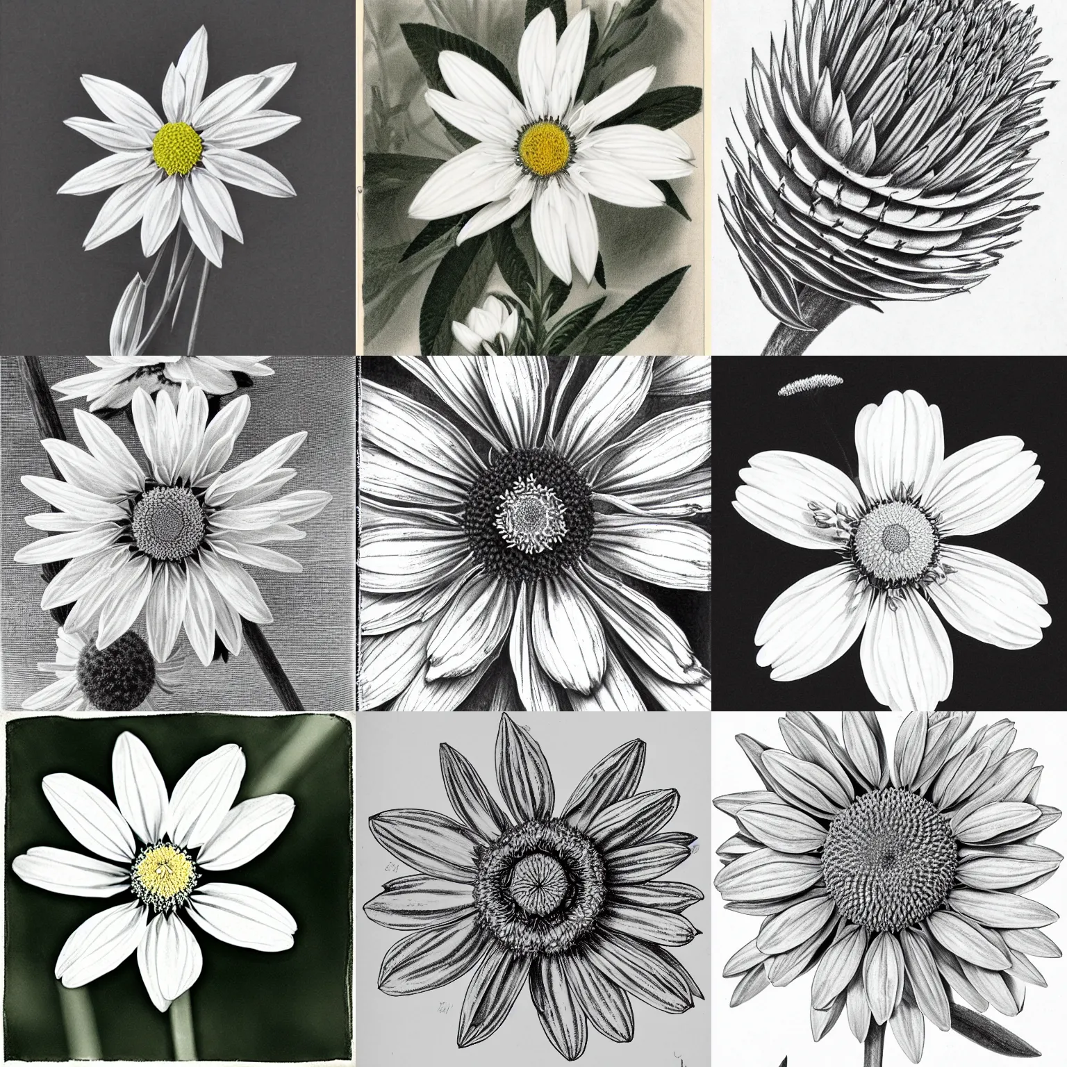 Prompt: edelweiss stella alpina flower, detailed botanical illustration, black and white