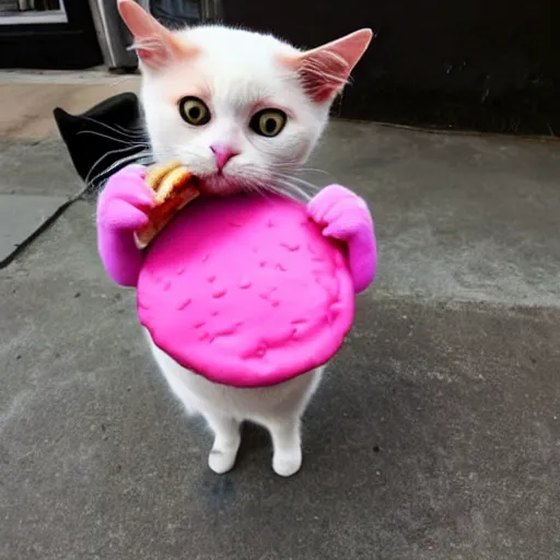 Prompt: a pink cat eating a hamburger