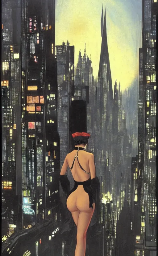 Image similar to an elegant Black woman in dress and heels, her back is to us, looking at a futuristic Blade Runner city, by Robert McGinnis.