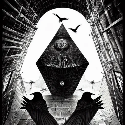 Image similar to crows at a architectural complex with an occult witch by Android Jones and M. C. Escher collaboration, futurist, digital art, dramatic lighting, symbolic