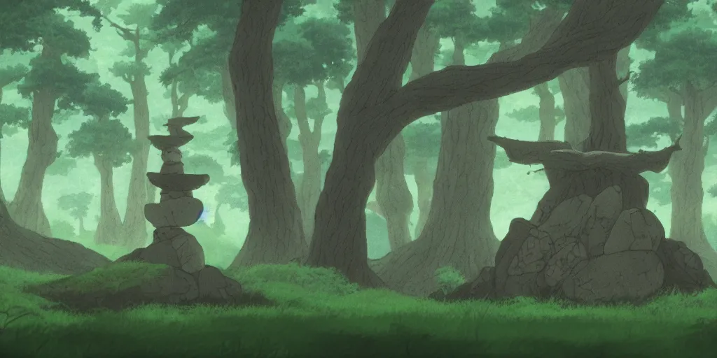 Image similar to award - winning movie still, landscape, dark forest, stone circle, by studio ghibli,