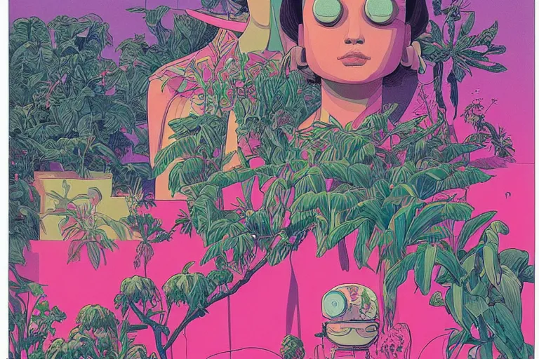 Image similar to gigantic girl faces, tiny robots, a lot of exotic vegetation around, risograph!, colorful flat surreal design, super - detailed, a lot of tiny details, fullshot, by luigi serafini and moebius