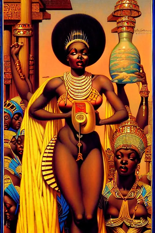 Prompt: an african goddess queen in a temple by gil elvgren and norman rockwell and rob gonsalves and hajime sorayama, hyperrealistic, high detail, ultra detailed