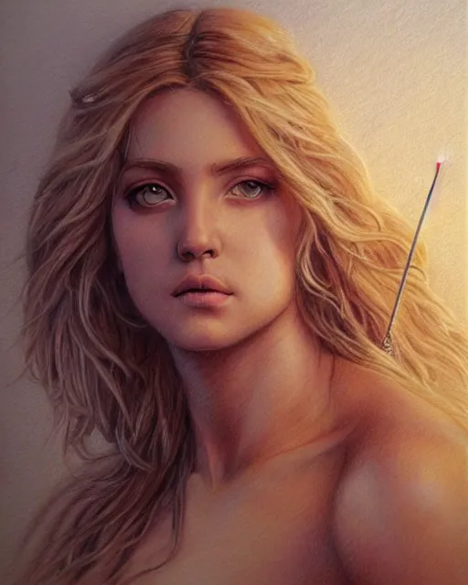 Image similar to pencil drawing of beautiful greek goddess aphrodite, bow and arrow, beautiful piercing eyes, flowing blonde hair, realistic face, hyper realistic, in the style of greg rutkowski, fantasy, amazing detail, epic, intricate, elegant, smooth, sharp focus