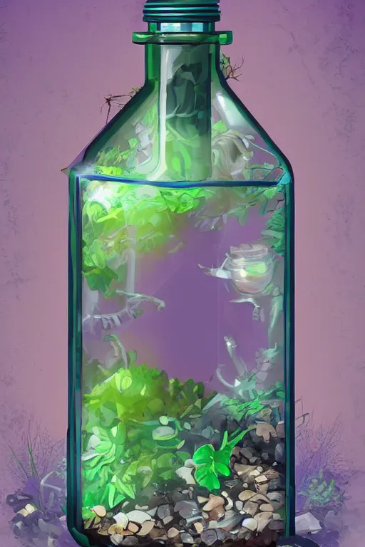 Image similar to a fantasy styled trash inside a terrarium bottle , digital art