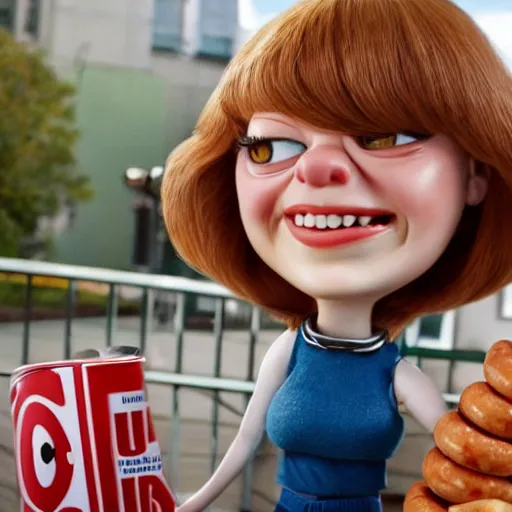 Image similar to hyperrealistic emma stone caricature surrounded by long fat frankfurter sausages by bob byerley and aardman animation, mascot, target reticles