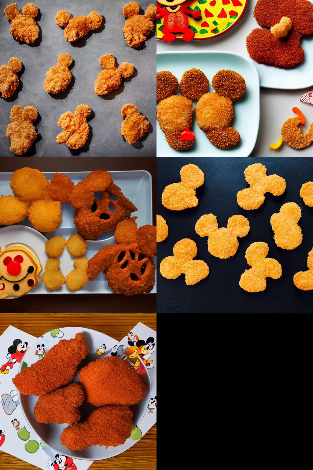 Prompt: fried chicken pieces shaped like Mickey Mouse and friends