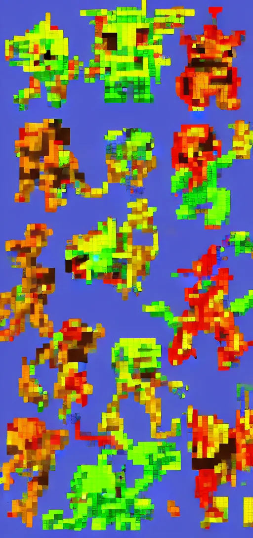 Prompt: pixel art sprite sheet of cute catchable monsters primary colors