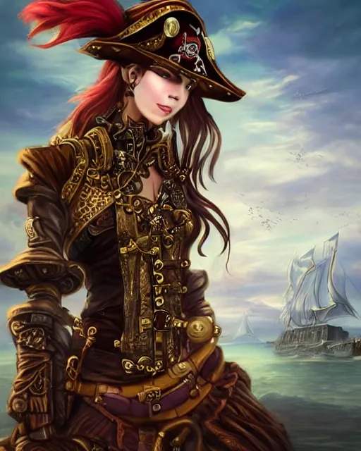 Image similar to a beautiful 2D illustration of a young female steampunk pirate wearing leather armor on gold and red trimmings on green, very cool pose, pirate ship with an epic sky background, slightly smiling, by Charlie Bowater Annie Leibovitz, zhuoxin ye, cinematic lighting and composition, fantasy painting, very detailed, ornate, trending on artstation and pinterest, deviantart, google images