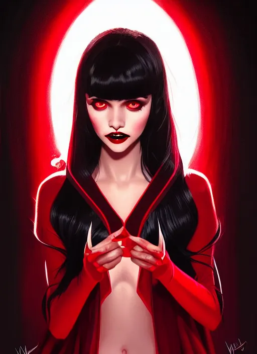 Image similar to portrait of vampire veronica lodge with bangs, vampire fangs, vampire, long hair, red clothes, bangs, vampironica, intricate, elegant, glowing lights, highly detailed, digital painting, artstation, concept art, smooth, sharp focus, illustration, art by wlop, mars ravelo and greg rutkowski