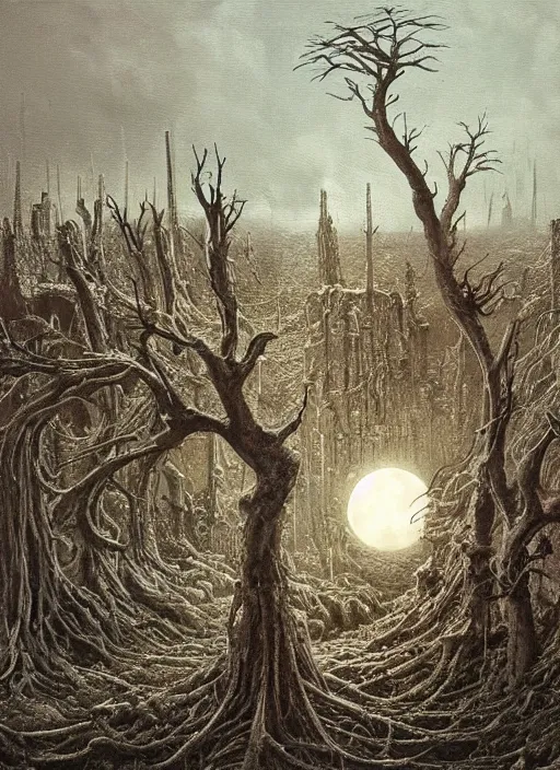 Image similar to a intricate oil painting of The Tomb in the dystopian landscape is opening through the ground, the dead has arisen under the glowing moon, dead trees and a brooding landscape by Giger and Dariusz Zawadzki and Beksinski