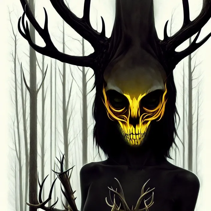 Prompt: style artgerm, joshua middleton, rafael albuquerque, peter mohrbacher : : scary wendigo with antlers and skull face mixed with werewolf : : [ [ beautiful female witch wearing a black dress, yellow eyes, symmetrical face, on the right side ] ] : : in the forest, detailed, dark and foggy, cinematic lighting