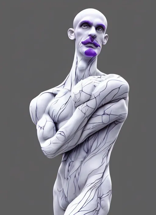 Prompt: a statue made of white marble with purple veins, of waluigi, transhumanism, full body shot, perfect symmetrical body, perfect symmetrical face, hyper realistic, hyper detailed, by johannen voss, by peter kemp, by monia merlo, by michelangelo, by ernst haeckel, by alex grey, octane render, blender, 8 k