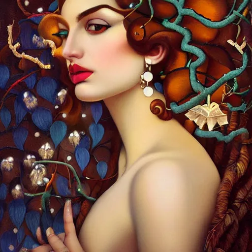 Prompt: dynamic composition, a painting of woman with hair of ( snowflakes )!! and ( vines in winter )! wearing ornate earrings, ornate gilded details, a surrealist painting by tom bagshaw and jacek yerga and tamara de lempicka and jesse king, featured on cgsociety, pop surrealism, surrealist, dramatic lighting, wiccan, pre - raphaelite