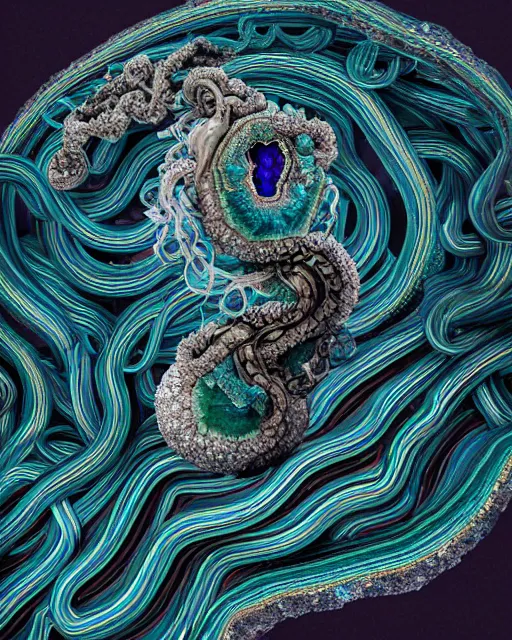 Image similar to a photo of a multi faceted blue and emerald and amethyst crystal geode formation with epic black and white smoke snake wrapped around it with liquid gold tendrils by jean pierre roy by stanisław szukalski by beeple, octane render, recursive, tendrils, tessellation, elestial crystals, geode, refracted light